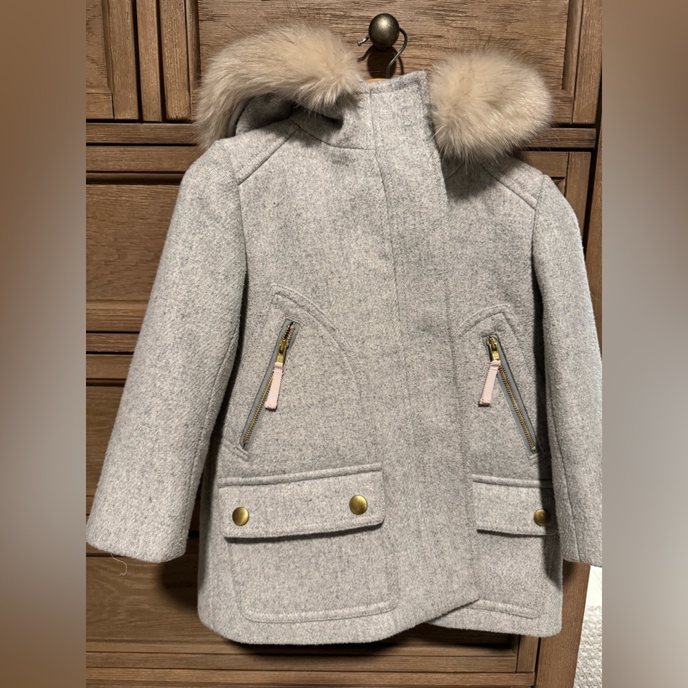 Crewcuts Light Gray Pea Coat with Faux Fur Trim